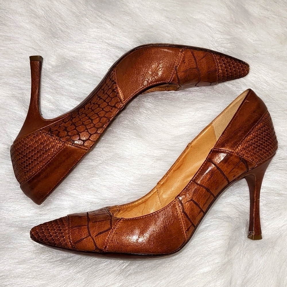 Fauzian Jeunesse Braided Woven Leather Pointy Toe Low Heel Tan Size